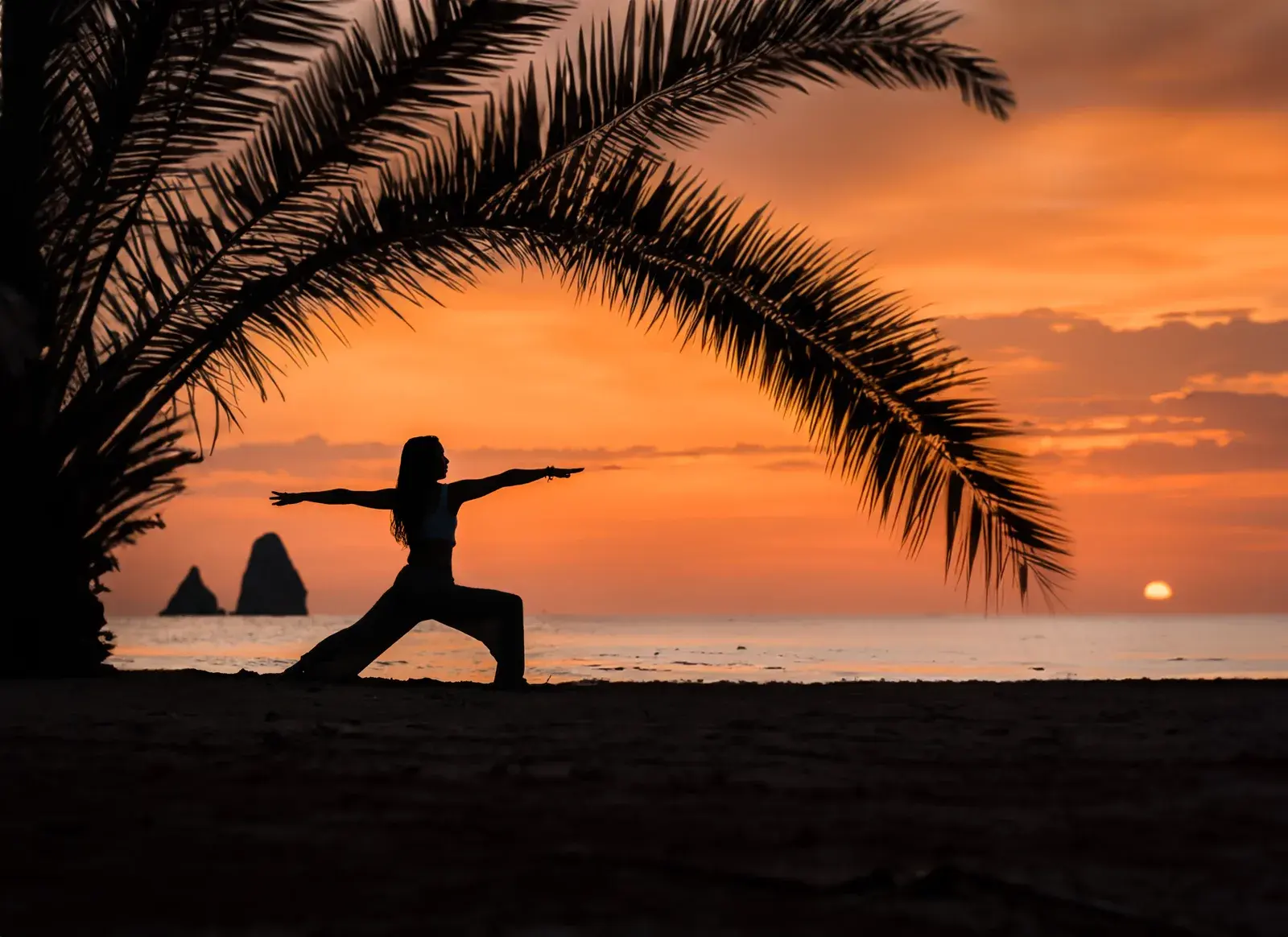 Krijgerhouding in silhouet bij zonsondergang op een palmenstrand aan de Atlantische Oceaan